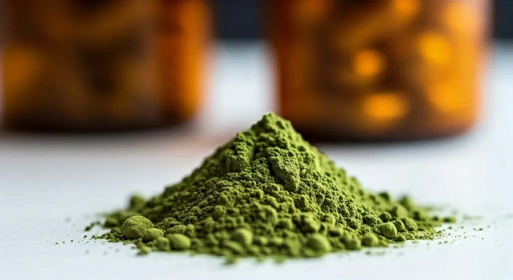 Kratom powder next to a prescription bottle illustrating the topic of benzodiazepine withdrawal