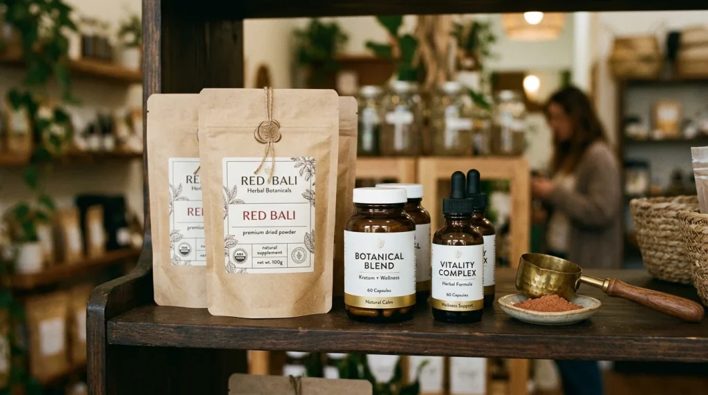 Does GNC Sell Red Bali Kratom? Buying Guide | WhatIsKratom 13 Red Bali kratom powder pouches and botanical wellness supplement bottles (AI Generated Image)