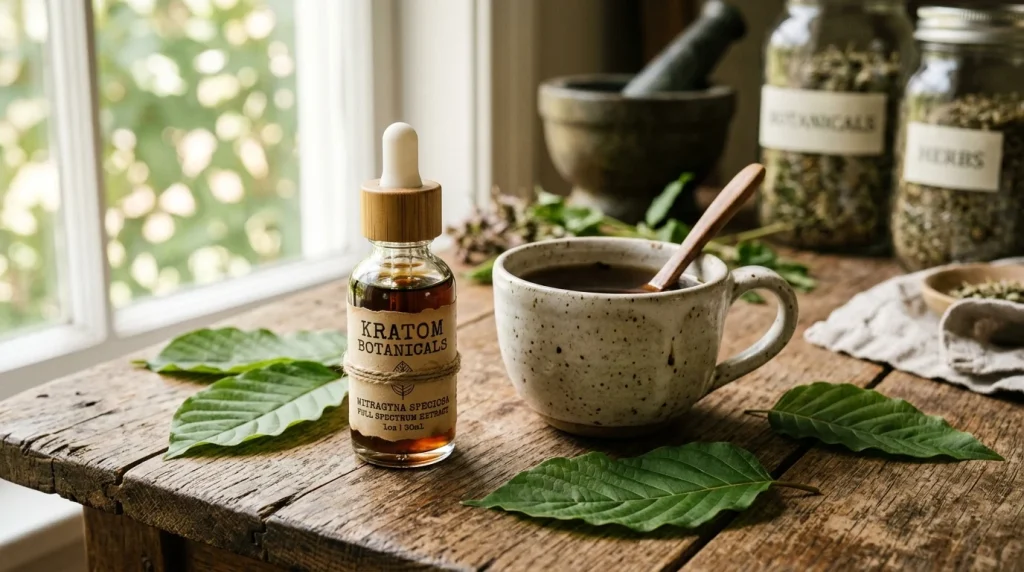 Krave Liquid Kratom Extract Bottle and Leaves (AI Generated Image)