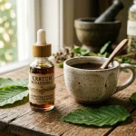 Krave Liquid Kratom Extract Bottle and Leaves (AI Generated Image)