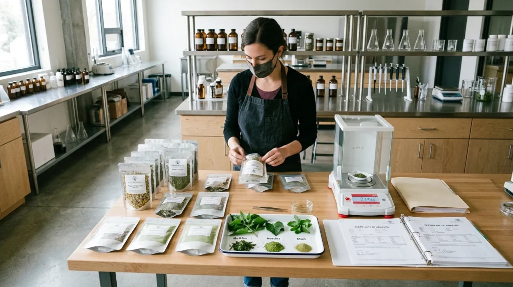 Best Kratom Sellers: Top Verified Vendors | WhatIsKratom 13 Quality control laboratory technician testing organic botanicals and certificates of analysis (AI Generated Image)