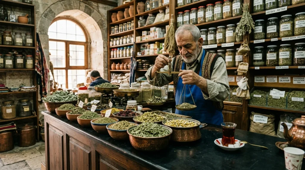 Kratom in Turkey: Legal Status & Guide | WhatIsKratom 12 Authentic Turkish herbalist apothecary shop in Istanbul with copper spice bowls and tea (AI Generated Image)