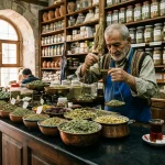 Kratom in Turkey: Legal Status & Guide | WhatIsKratom 2 Authentic Turkish herbalist apothecary shop in Istanbul with copper spice bowls and tea (AI Generated Image)