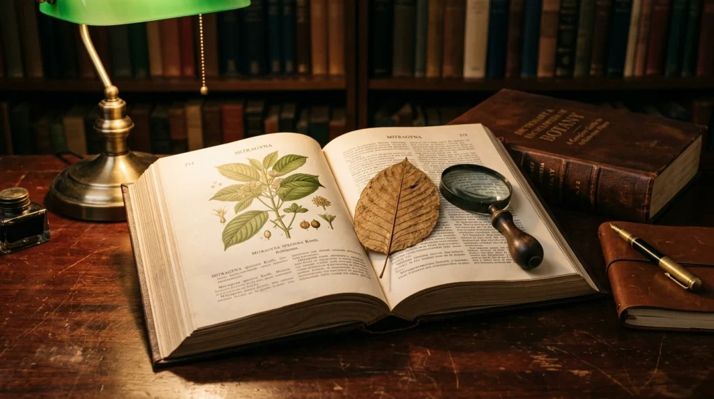 Open antique botanical encyclopedia with Mitragyna speciosa leaf and magnifying glass (AI Generated Image)