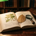 What Is Cratum? Spelling, Origins & Meaning | WhatIsKratom 2 Open antique botanical encyclopedia with Mitragyna speciosa leaf and magnifying glass (AI Generated Image)
