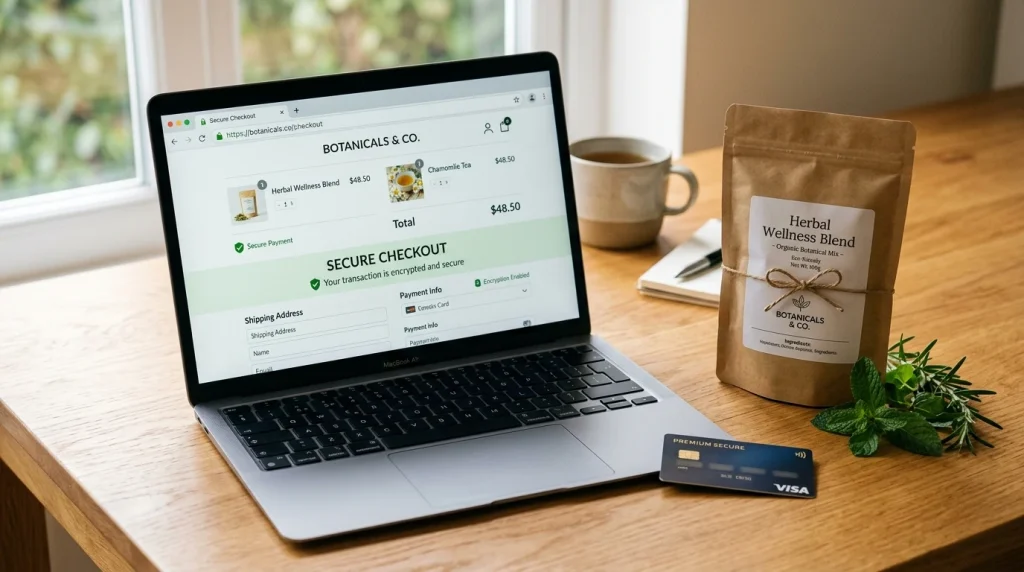 Kratom Online Scams: Domain Safety Guide | WhatIsKratom 13 Modern laptop displaying secure checkout with payment card and sealed botanical pouch (AI Generated Image)