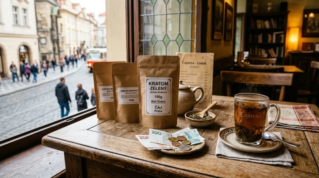 Kratom Prices in CZK (Kč): Czech Buying Guide | WhatIsKratom 12 Czech tea house table in Prague with green kratom pouches and Czech koruna currency (AI Generated Image)