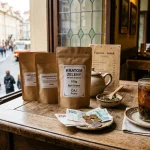 Kratom Prices in CZK (Kč): Czech Buying Guide | WhatIsKratom 1 Czech tea house table in Prague with green kratom pouches and Czech koruna currency (AI Generated Image)