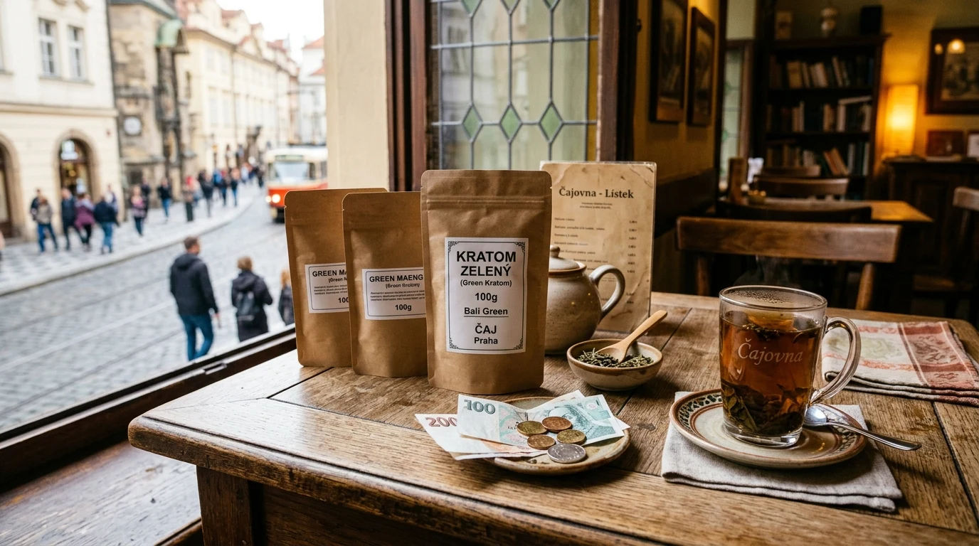 Kratom Prices in CZK (Kč): Czech Buying Guide | WhatIsKratom 3 Czech tea house table in Prague with green kratom pouches and Czech koruna currency (AI Generated Image)