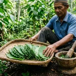 Kratom Maeng Da: Strains, Effects & Dosing | WhatIsKratom 2 Indonesian farmer holding freshly harvested green Maeng Da Mitragyna speciosa leaves in a bamboo tray (AI Generated Image)