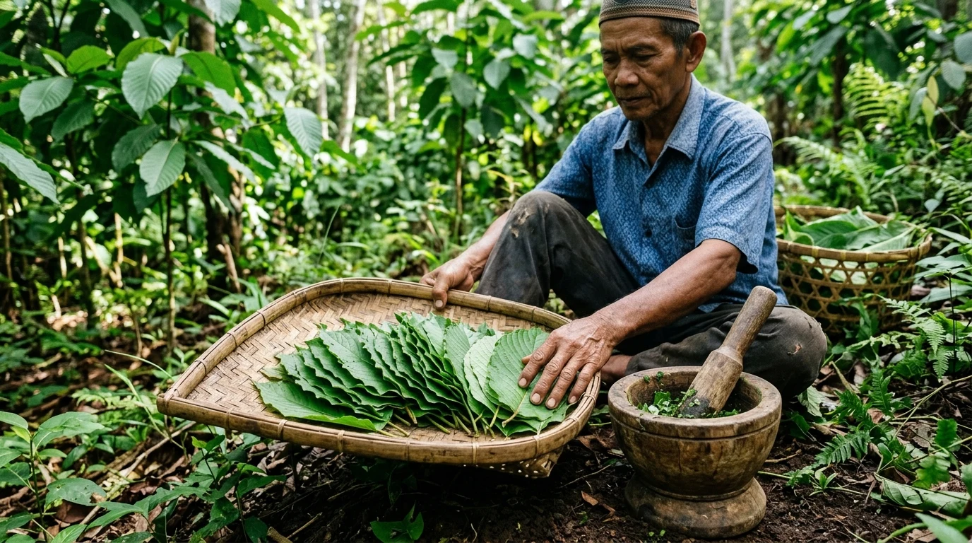 Indonesian farmer holding freshly harvested green Maeng Da Mitragyna speciosa leaves in a bamboo tray (AI Generated Image)