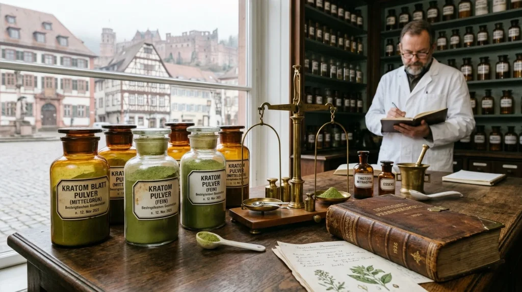 Kratom in Germany: Legal Status & Buying | WhatIsKratom 12 German apothecary counter with glass jars of green kratom powder and brass balance scale (AI Generated Image)