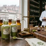 German apothecary counter with glass jars of green kratom powder and brass balance scale (AI Generated Image)