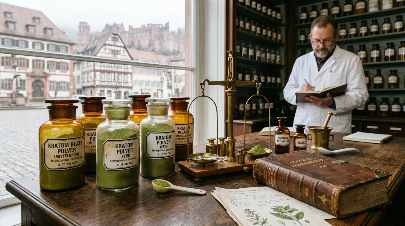 German apothecary counter with glass jars of green kratom powder and brass balance scale (AI Generated Image)
