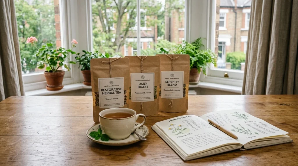 Organic herbal kratom pouches and botanical notebook in the UK (AI Generated Image)