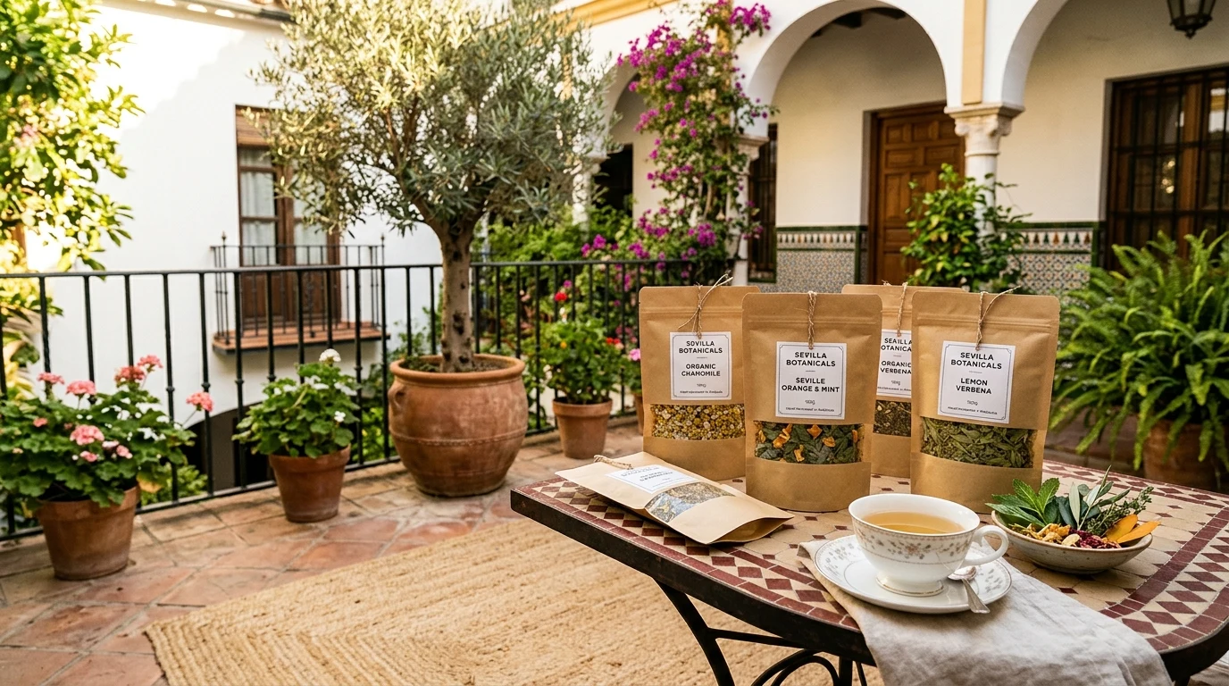 Sunlit Spanish courtyard terrace in Seville with organic herbal botanical pouches and tea (AI Generated Image)