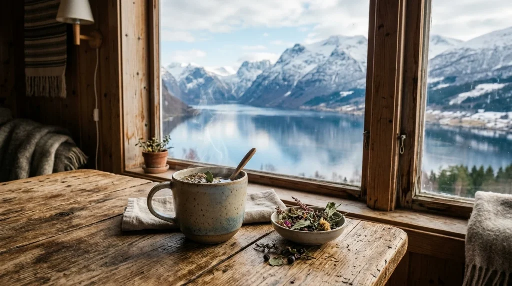 Norwegian fjord view from rustic cabin with herbal tea mug (AI Generated Image)
