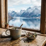 Kratom in Norway: Legal Status & Guide | WhatIsKratom 1 Norwegian fjord view from rustic cabin with herbal tea mug (AI Generated Image)