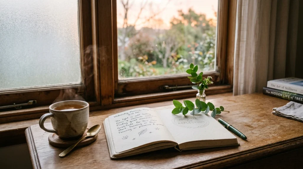 Does Kratom Help Depression? Forum Analysis | WhatIsKratom 12 Serene morning wellness journal with herbal tea and gentle sunlight (AI Generated Image)