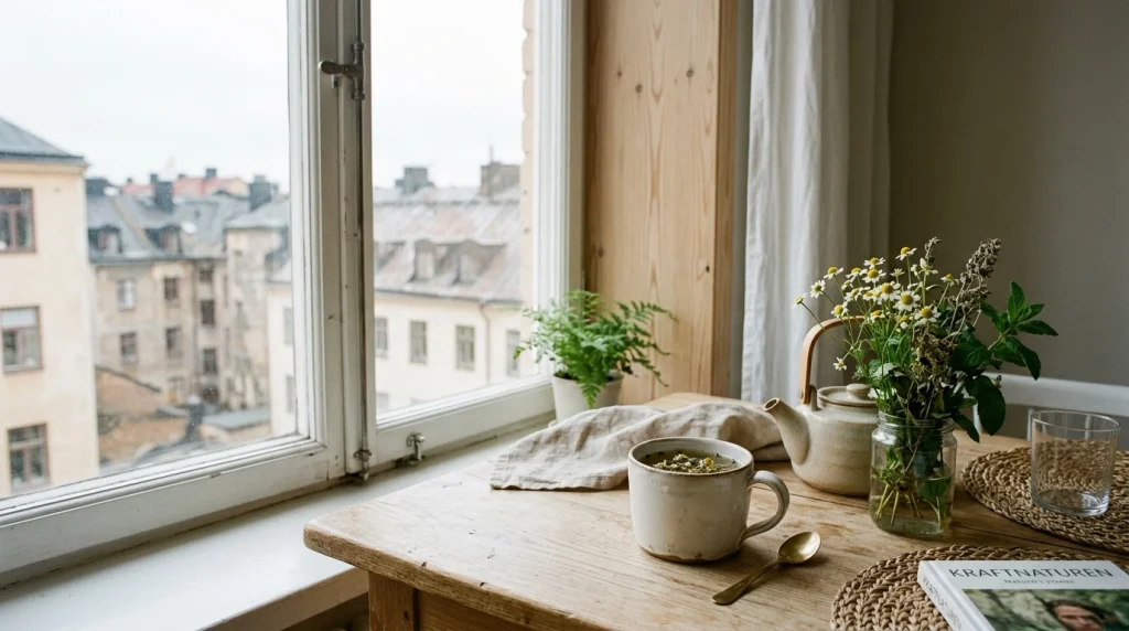 Minimalist Nordic Scandinavian interior with herbal tea and botanical specimen (AI Generated Image)