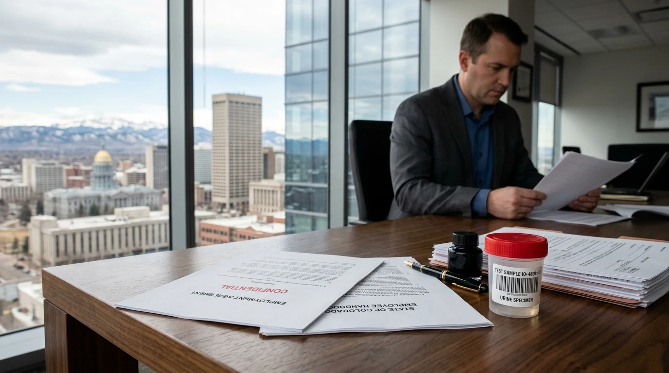 Can Colorado Employers Test for Kratom? | WhatIsKratom 15 Colorado corporate desk with employment agreement and urine specimen test collection cup (AI Generated Image)