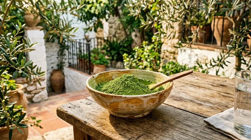 Vibrant super green kratom powder in ceramic bowl in Spanish courtyard (AI Generated Image)