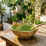 Vibrant super green kratom powder in ceramic bowl in Spanish courtyard (AI Generated Image)