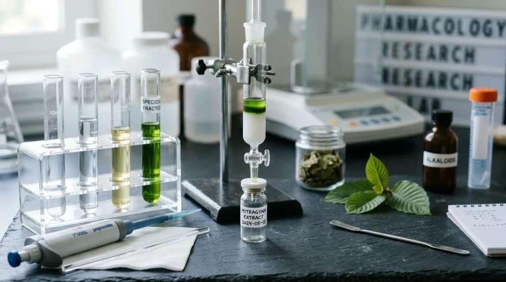Pharmacology research glassware testing kratom alkaloids (AI Generated Image)