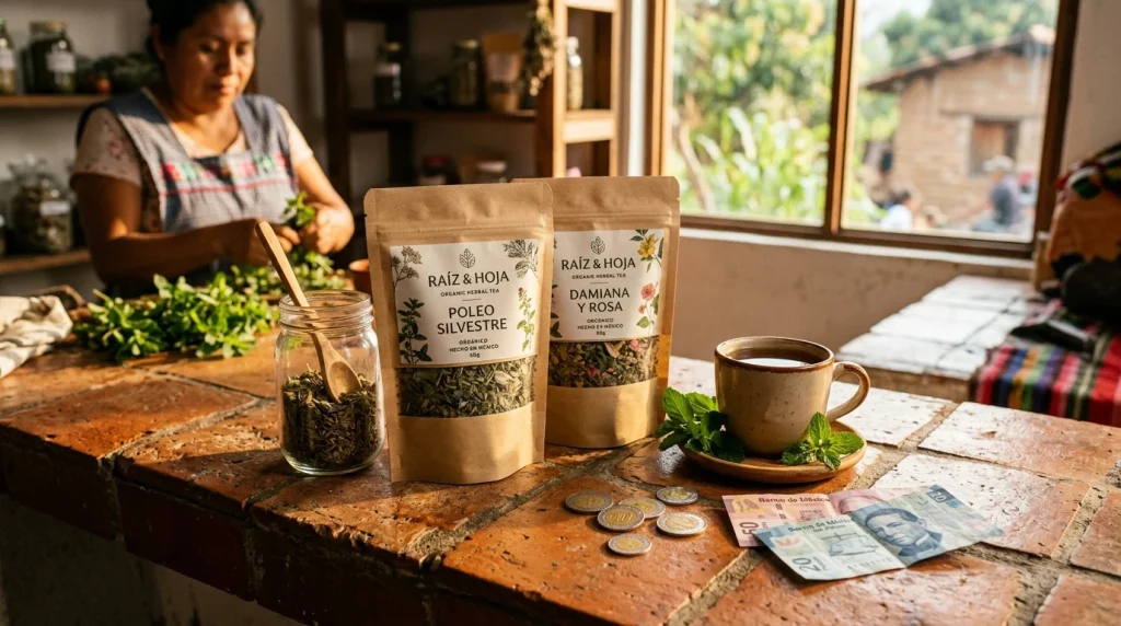 Herbal kratom packaging with Mexican peso currency and herbal tea (AI Generated Image)