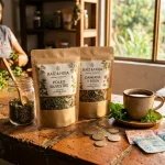 Kratom Prices in MXN: Mexican Peso Buying Guide | WhatIsKratom 1 Herbal kratom packaging with Mexican peso currency and herbal tea (AI Generated Image)