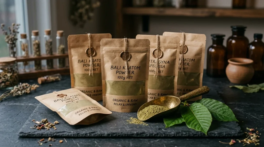 Moon Kratom Review: Blends & Potency | WhatIsKratom 11 Craft paper pouches of Moon Kratom with brass scoop and fresh green leaves (AI Generated Image)