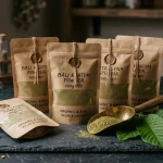 Moon Kratom Review: Blends & Potency | WhatIsKratom 2 Craft paper pouches of Moon Kratom with brass scoop and fresh green leaves (AI Generated Image)