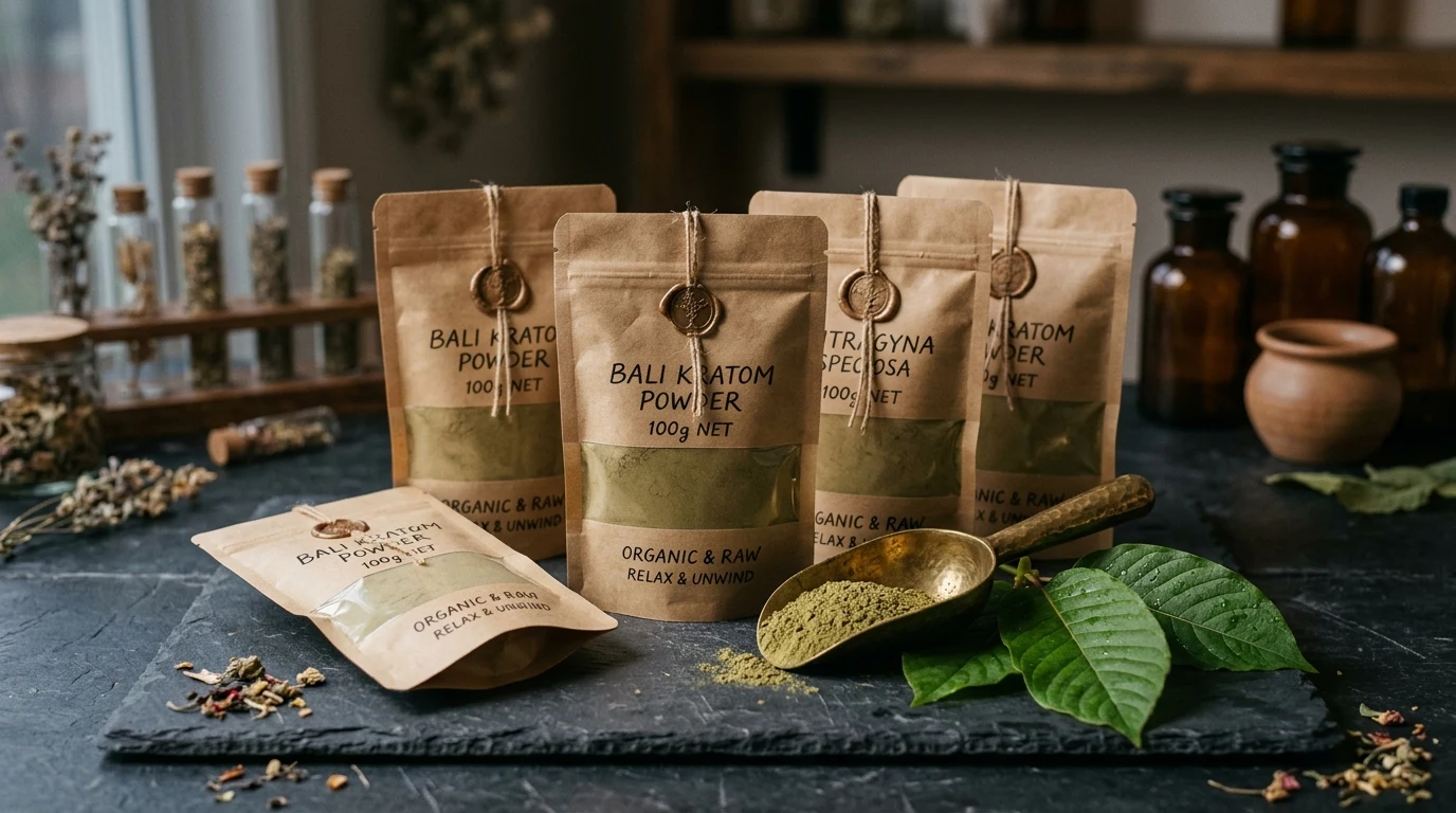 Moon Kratom Review: Blends & Potency | WhatIsKratom 3 Craft paper pouches of Moon Kratom with brass scoop and fresh green leaves (AI Generated Image)